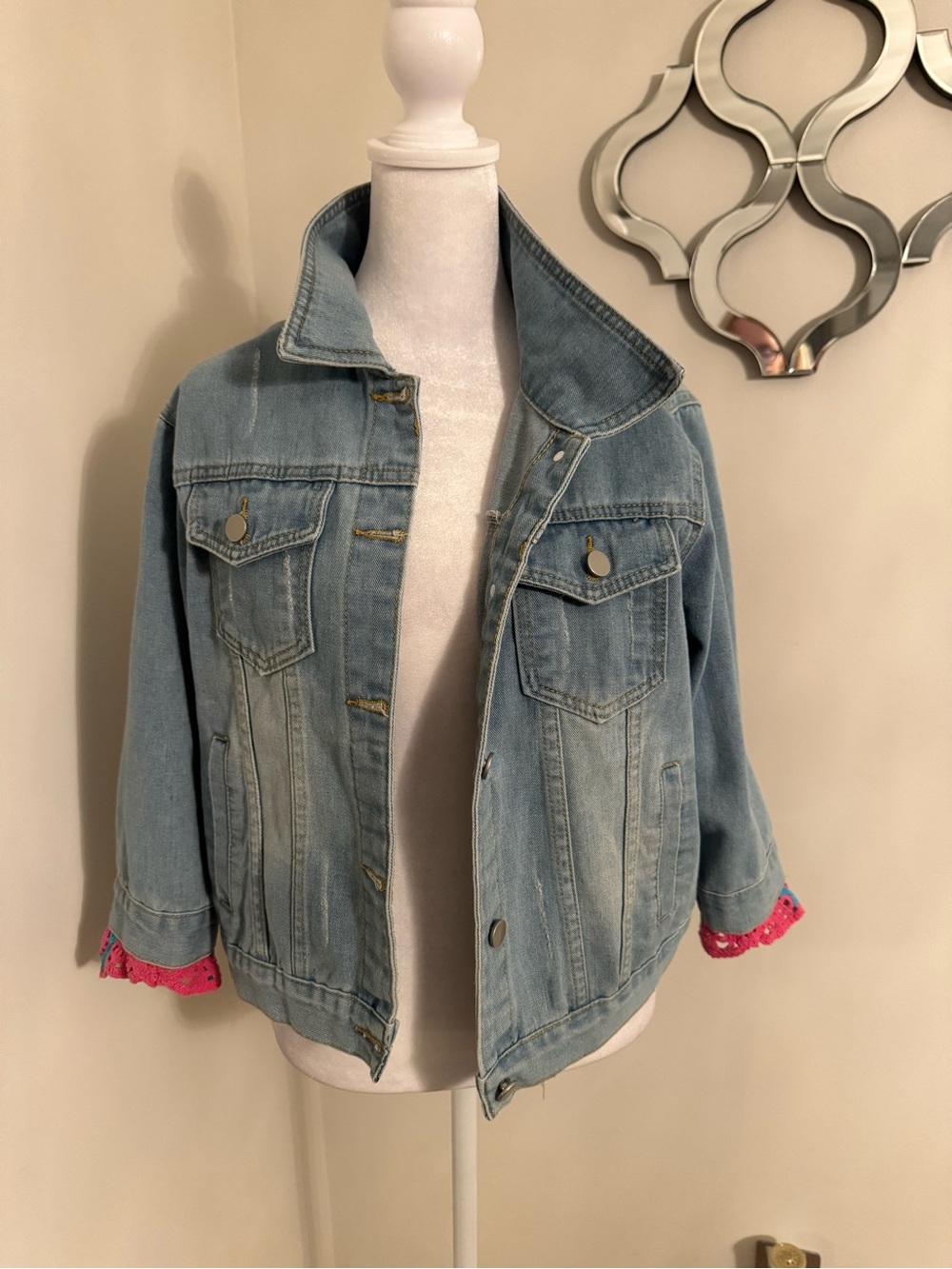 Denim jacket with crochet back- size medium